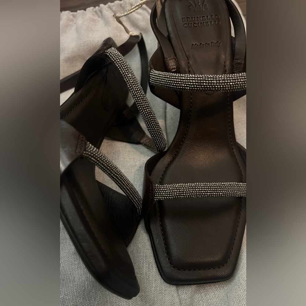 BRUNELLO CUCINELLI Monili Womens Brown Leather Slingback Sandals Heel 37 6.5 NWT